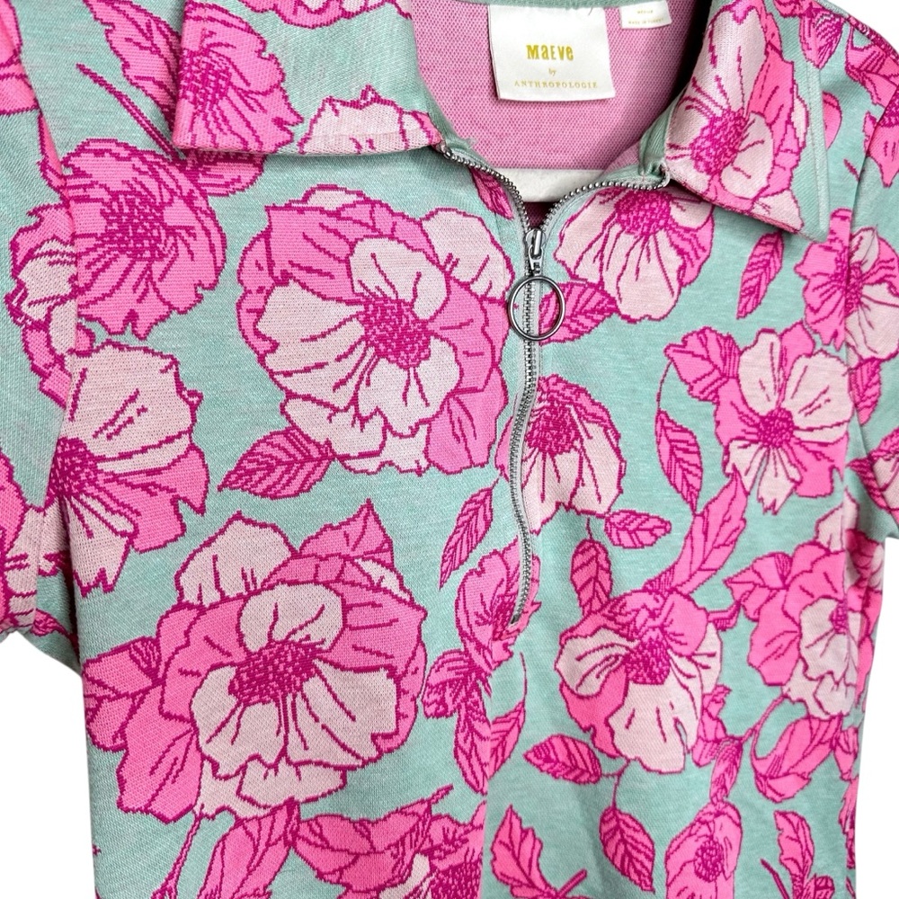 Anthropologie Maeve Short-Sleeve Floral Jacquard Top Pink/Green Medium - Picture 8 of 14